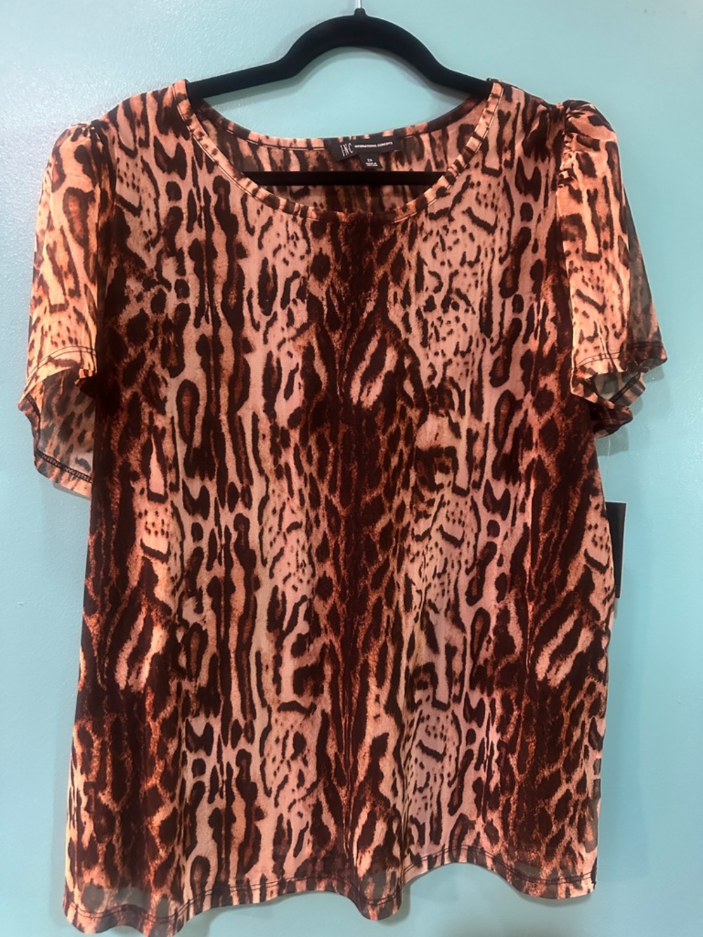 INC International Concepts Tan and Brown Animal-Print Short Sleeve Tee